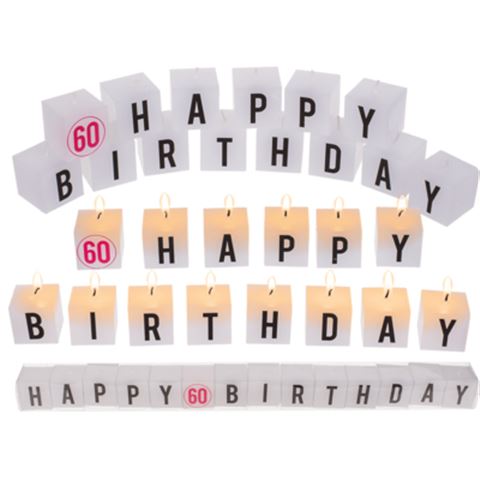 Négyzet alakú gyertyák betűkkel Boldog 60 születésnapot