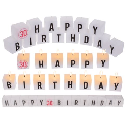 Négyzet alakú gyertyák betűkkel Boldog 30 születésnapot