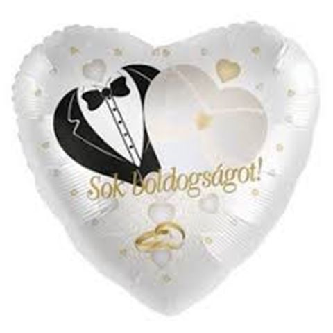 17 inch-es Sok Boldogságot! Gyűrű Mintás Arany Fehér Esküvői Szív Fólia Lufi