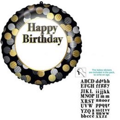 18 inch-es feliratozható fekete-fehér-arany Happy birthday fólia léggömb